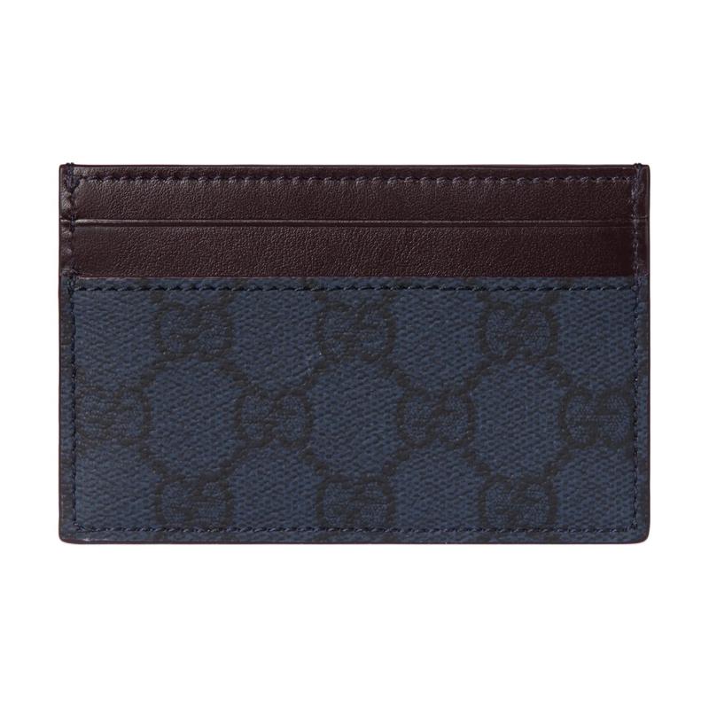 Gucci GG Supreme Palladium Tone Hardware Blue Ceramic Effect Design Leather Card Holder Men's Dark Blue