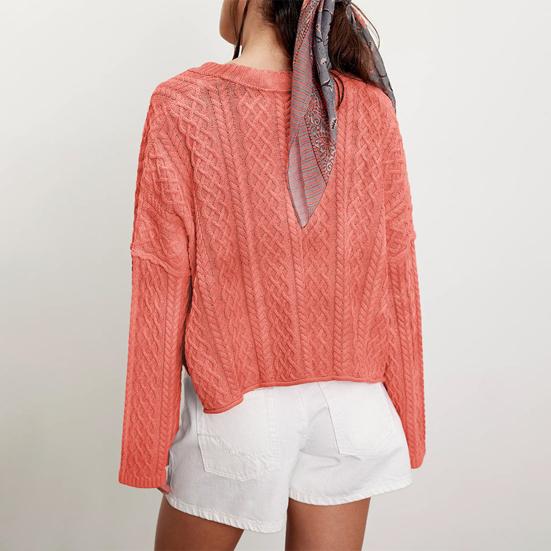 Women Sweater Coat V-Neck Long Sleeve Buttons Closure Cardigan Jacket with Pockets Solid Color Twist Texture Knitting Coat