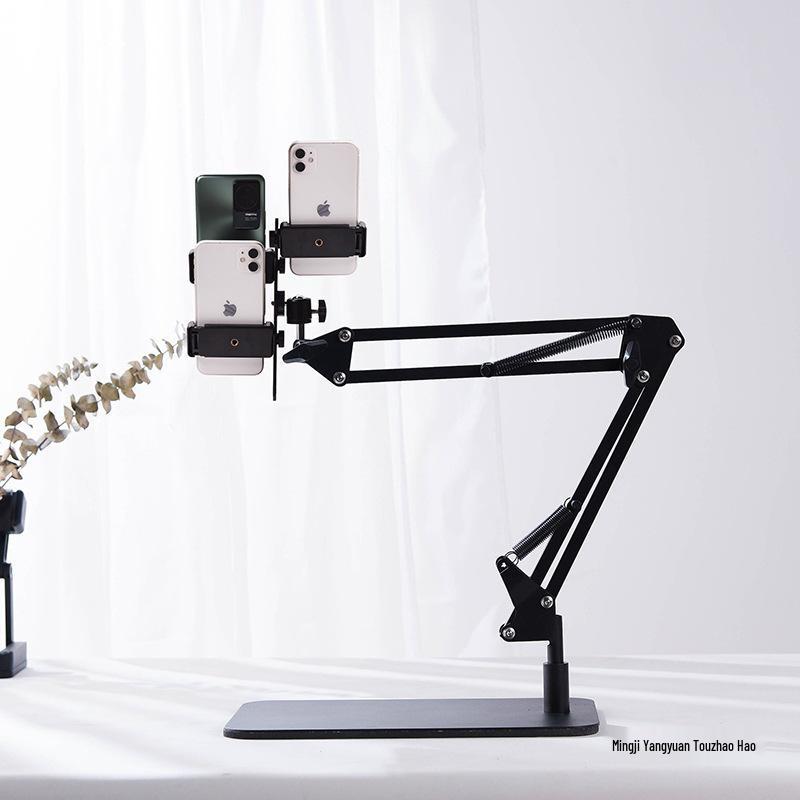Cantilever Multi-Camera Floor Stand with Long Arm for Top-Down Shots & Multi-Platform Phone Holder in Mirror Live Streaming & Photography