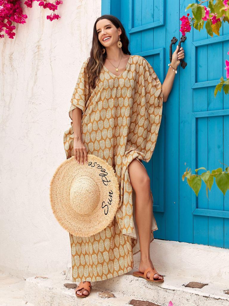 Пляжная накидка с V-образным вырезом с принтом: Свободный халат в европейском и американском стиле для отдыха на море