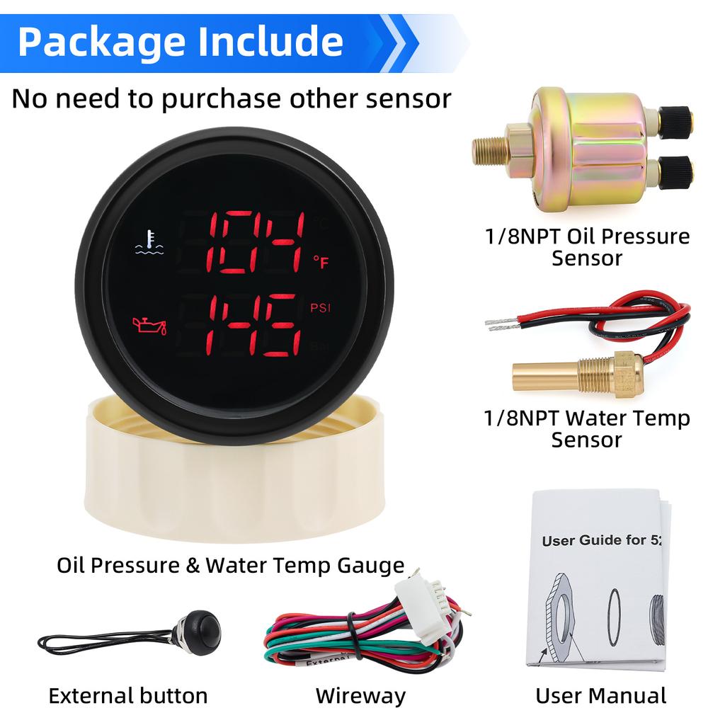 2"52 мм красный светодиодный цифровой 2 в 1 датчик температуры воды + давления масла с датчиком давления масла/температуры воды 1/8NPT 0~10 бар для автомобиля грузовика