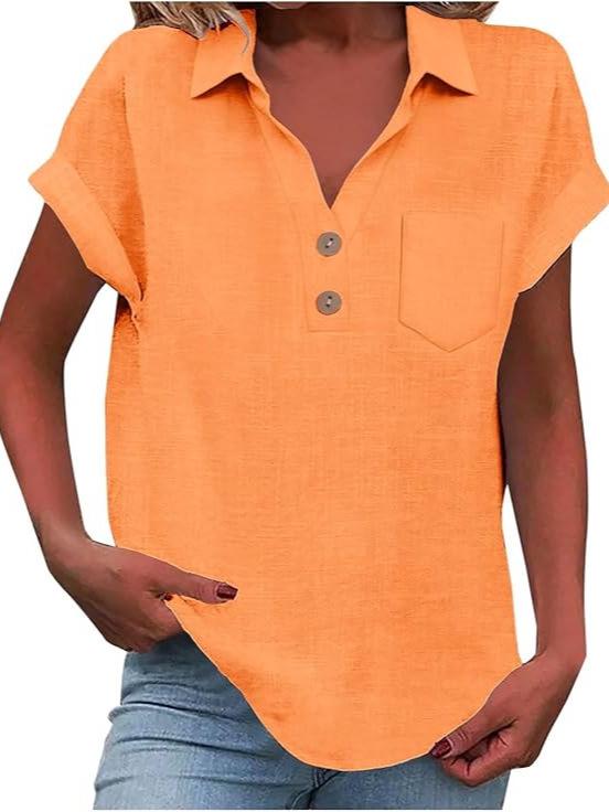 Европейская женская хлопково-льняная рубашка с коротким рукавом, отложным воротником и пуговицами