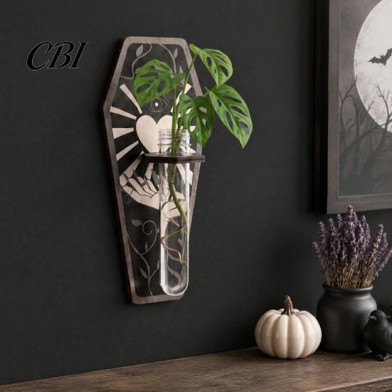 Dark Academia Home Decor Wooden Halloween Decorations, Plant Propagation Station Wall Hanging, Gothic Haunted House Party Supplies Coffin-Shaped Test