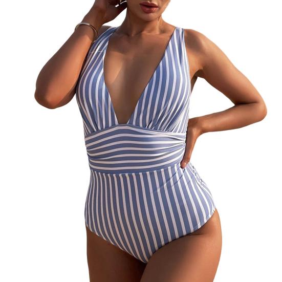 Женский монокини с глубоким V-образным вырезом без рукавов, облегающий слитный купальник-бикини с полосатым принтом и высокой талией, утягивающий живот