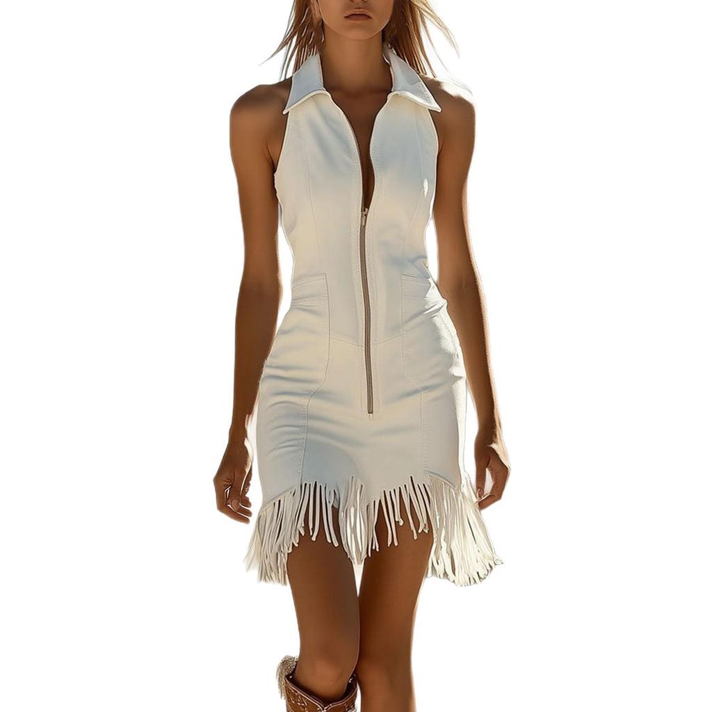 European Sleeveless Off-Shoulder Tassel Zipper Dress