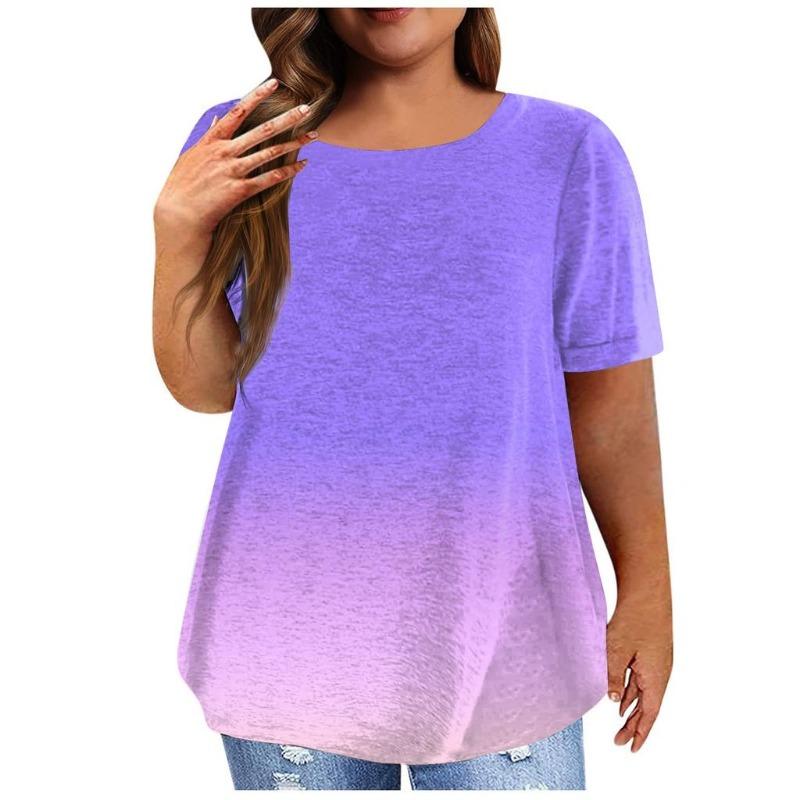 Women's Vintage Gradient Pleated 3D Short Sleeve Casual Imitation Cotton T-shirt Plus Size Pullover Basic Top