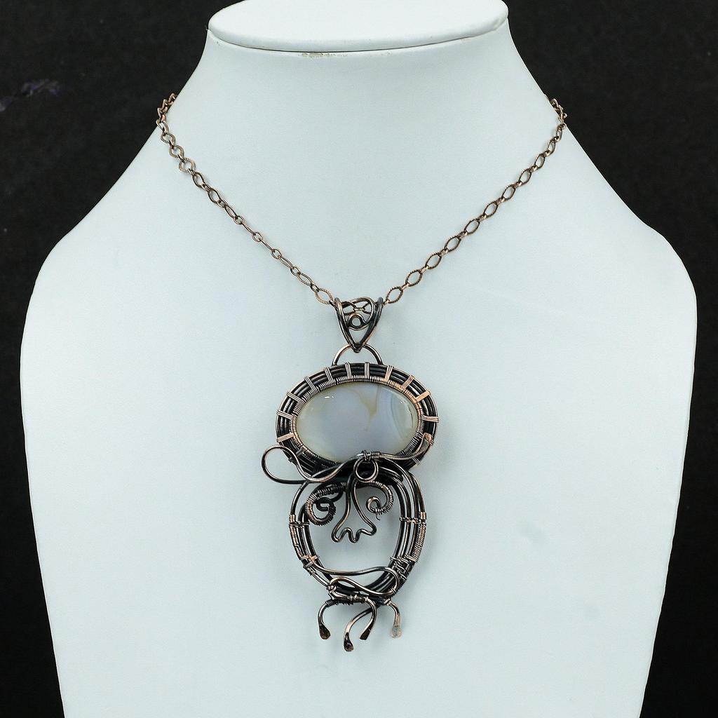 Голубой кружевной агатовый кулон, обернутый медной проволокой, кулон с драгоценным камнем, ювелирное изделие ручной работы, дизайнерский кулон, обернутое медной проволокой, свадебный подарок