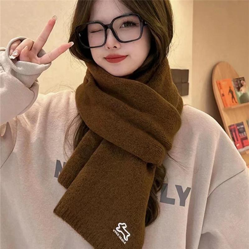 Autumn and Winter Retro Wool Student Scarf for Women Korean Embroidered Rabbit Warm and Versatile Knitted Scarf Solid Color Shawl