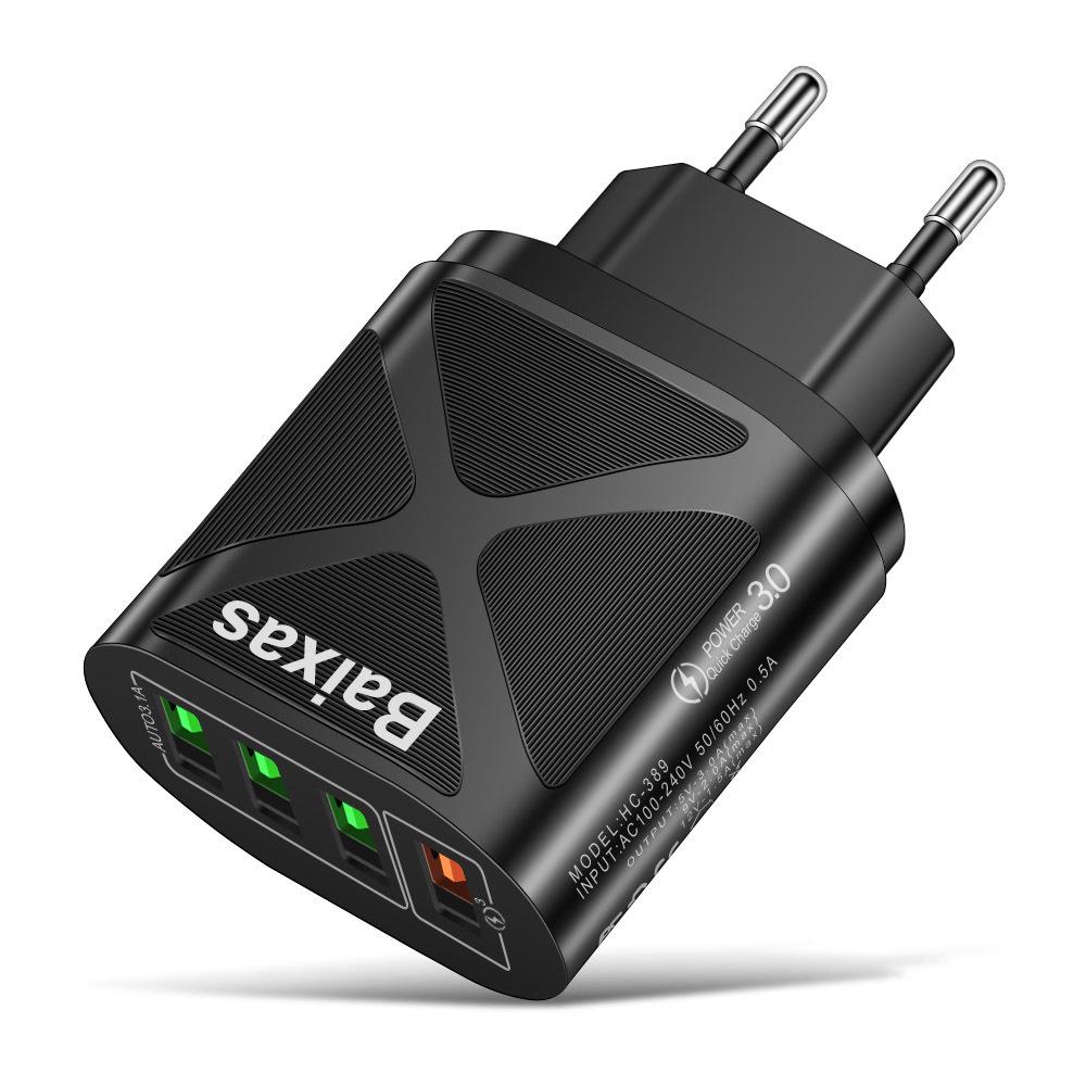Многопортовое USB-зарядное устройство с быстрой зарядкой QC3.0, 4 порта, 5 В/9 В/12 В, Совместимо со стандартами ЕС/США/Великобритании/Австралии