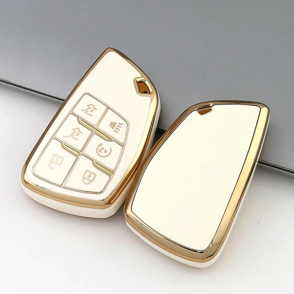 6 Button TPU Key Fob Cover with Leather Keychain, Compatible with    2024 2025 2026 GMC Yukon Denali Sierra, Fit for Chevy Silverado Suburban Tahoe