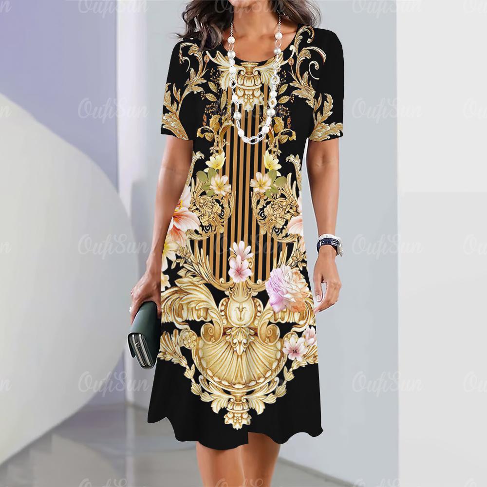 2025 Новые женские платья с принтом в стиле барокко Летнее элегантное платье Женские платья с коротким рукавом Модная одежда больших размеров