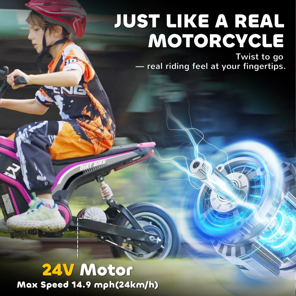 24V Electric Motorbike with Twist Grip Throttle, Music, Horn, 12" Pneumatic Tyres, 16km/h Max Speed - Pink