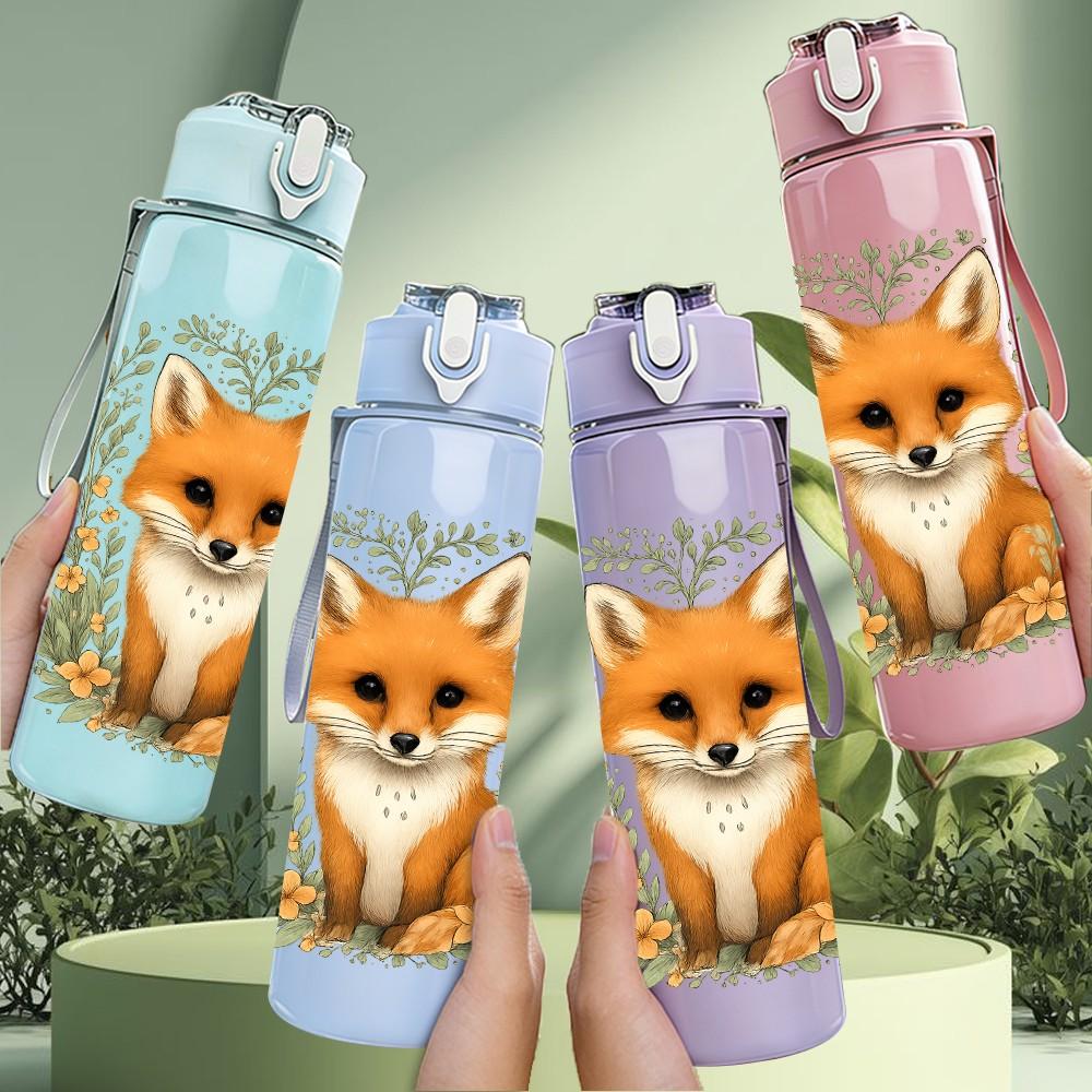 1PC Leaf Frame Fox Illustration 750ml Color Plastic Sports Water Bottle Leakproof Flip Straw Lid Suitable for Sports Office Home Use