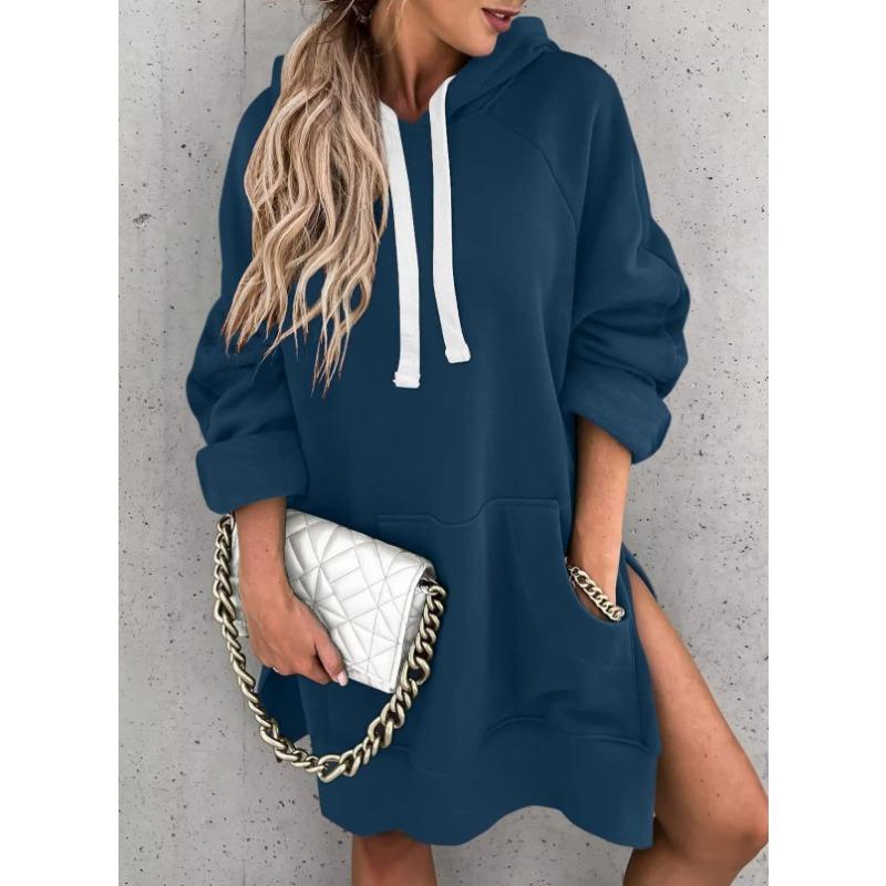 New European American Autumn and Winter Style Women's Solid Color Casual Versatile Hooded Slit Top Mid-length Plush Sweatshirt