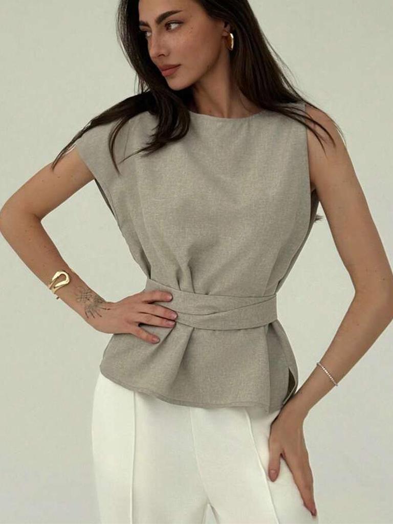 Women's Sleeveless Waist-Gathering Polyester Blouse