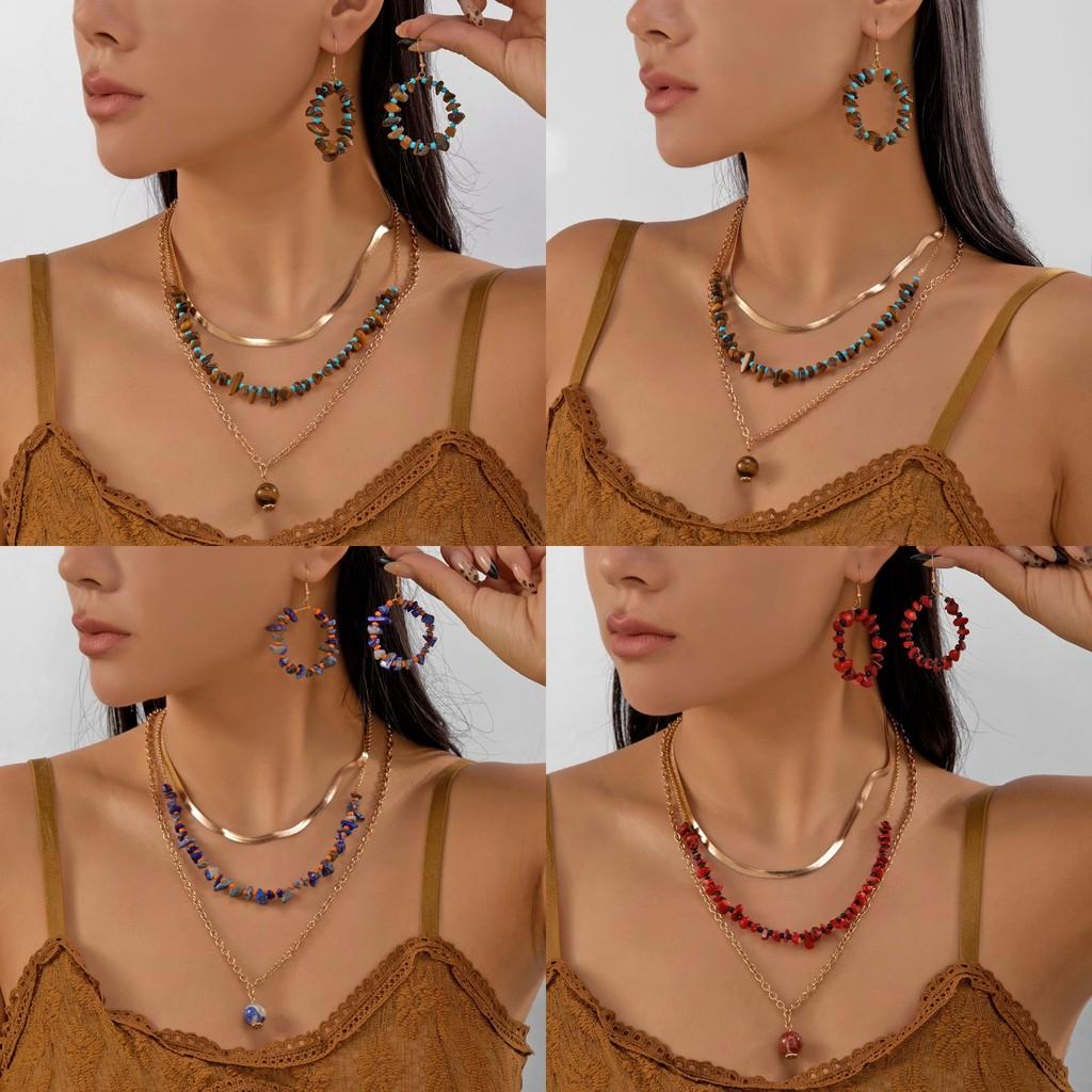 Unique Geometric Crushed Stone Collar Necklace And Drop Earrings Set For Women With Multilayer Style