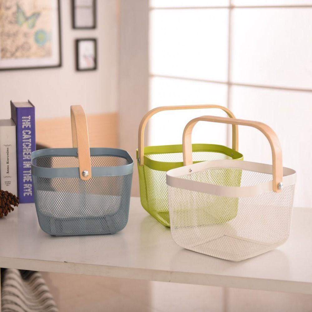 Solid Color Storage Organizer Basket Bamboo Handle Hanging Kitchen Baskets Picnic