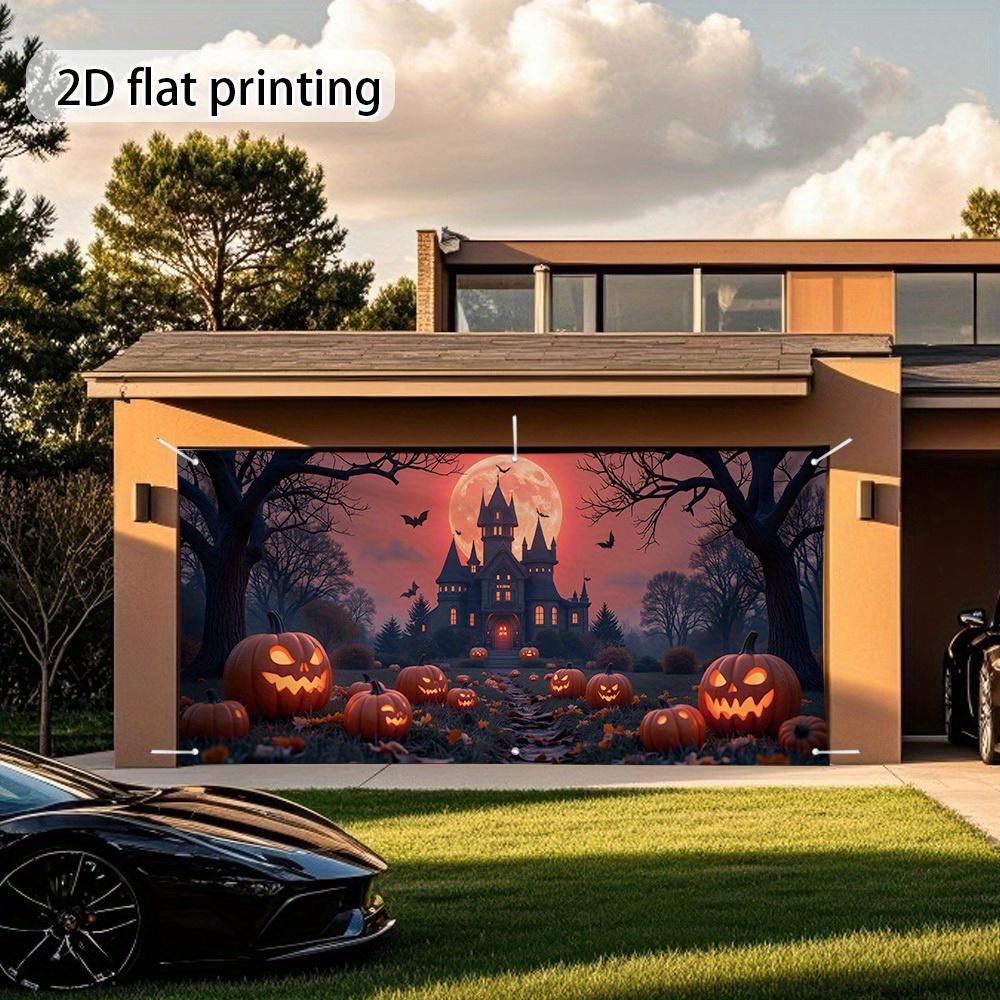 2D door banner 1 Halloween garage door banner - Gothic castle and pumpkin lanterns
