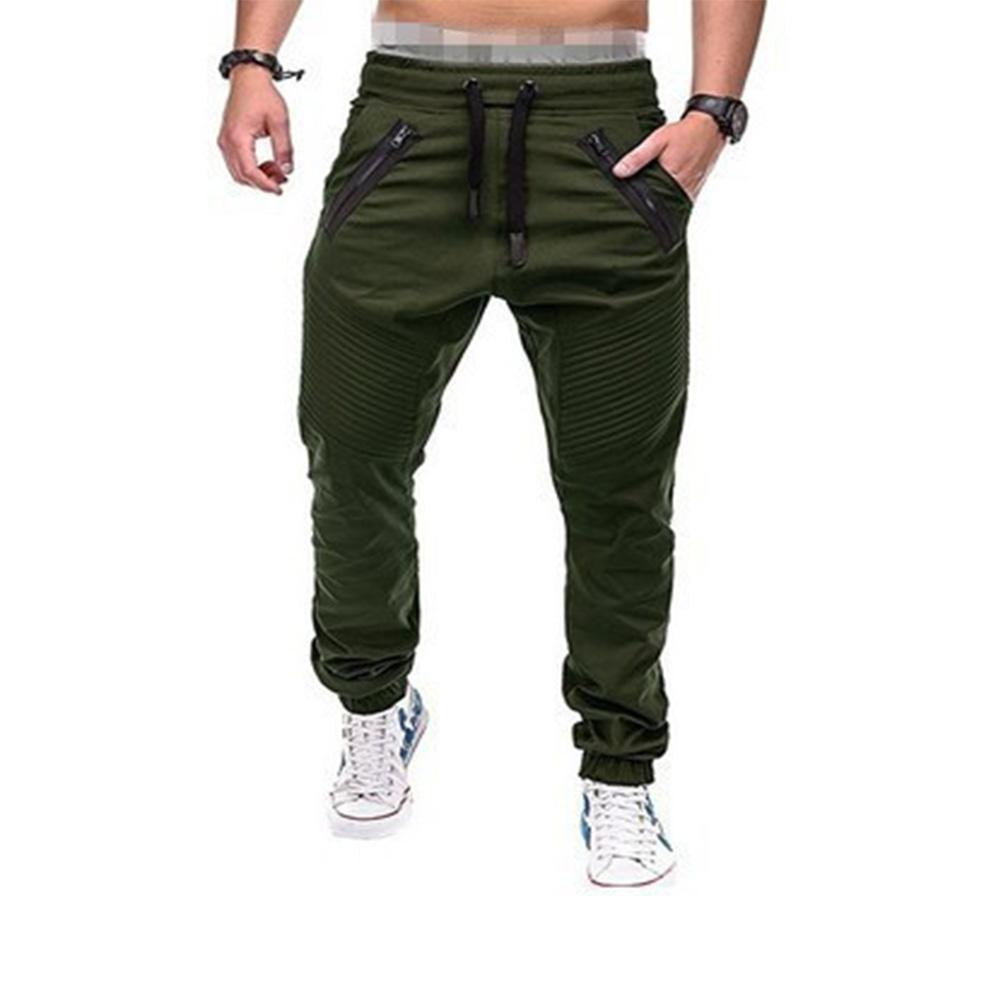 Male Casual Fashion Pants Pocket Zip Design Solid Color Retro Style Soft Jogger Drawstring Elastic Waist Trousers