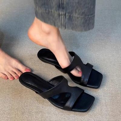 Версия для внешней торговли~ Универсальные черные нишевые Z-образные крутые шлепанцы с открытым носком женские летние минималистичные удобные сандалии на высоком каблуке из мягкой кожи