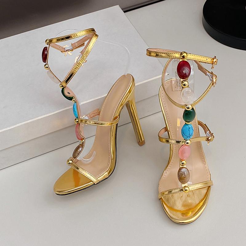 Сексуальные женские босоножки с цветным украшением на щиколотке, узкие открытые босоножки на высоком каблуке для вечеринок в ночном клубе, римские туфли