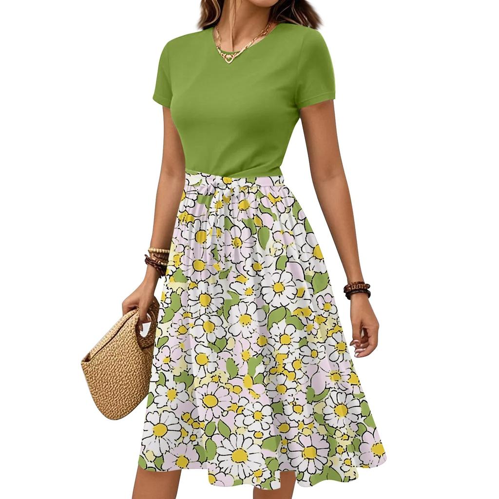 Women's Casual Fashion Belted Floral Print Short Sleeve Round Neck Elegant Dress