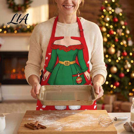 Creative Printed Holiday Apron Christmas Funny Elf Apron, Waterproof Stain Resistant Kitchen Adjustable for Women Neck Strap Cooking BBQ Party Festive
