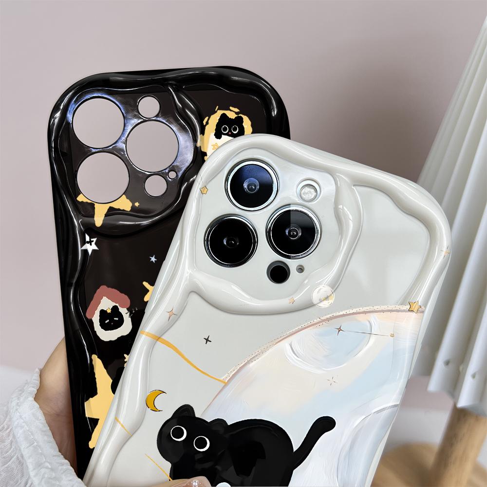 Для OPPO A17 A18 A38 A58 A98 Reno7 Z 8Z 8T 11F 11 Pro Realme 12 Lite 12 Pro C30 мягкий волнистый край мультяшный милый рисунок кота полный защитный чехол для объектива