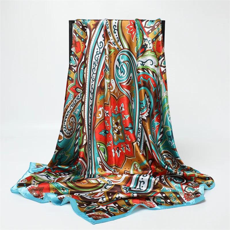 New Spring/Summer Orange Imitation Silk Neckerchief Outdoor Decoration Wraps for Women 90*90cm Cashew Print Square Scarf