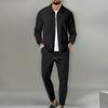 2Pcs/Set Men Autumn Suit Lapel Long Sleeve Zipper Placket Cardigan Elastic Drawstring Waist Long
