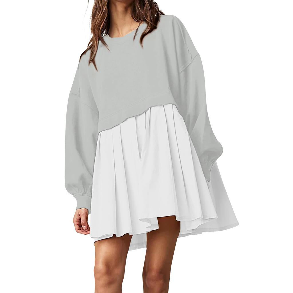 Женское платье-толстовка большого размера с длинным рукавом в стиле пэчворк, пуловер, топы, платье-толстовка