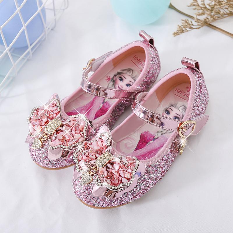 Princess Elsa leather shoes, spring and autumn fashion, new style girls' flats, baby and children's stylish flat crystal shoes with sequins