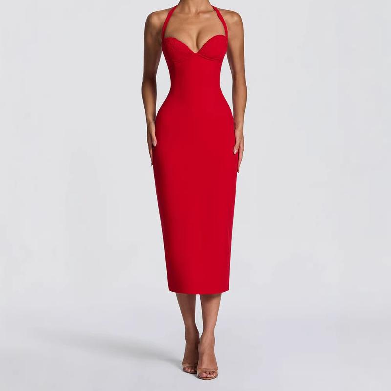 Spring new temperament sexy backless hip skirt European and American fashion solid color neck hip dress