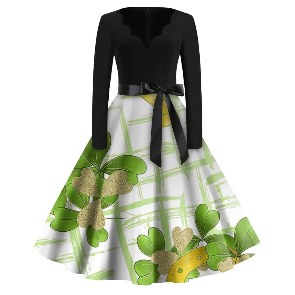 Women's Fashion V-Neck Casual Slim St Patrick's Day Printed Long Sleeve Dresses