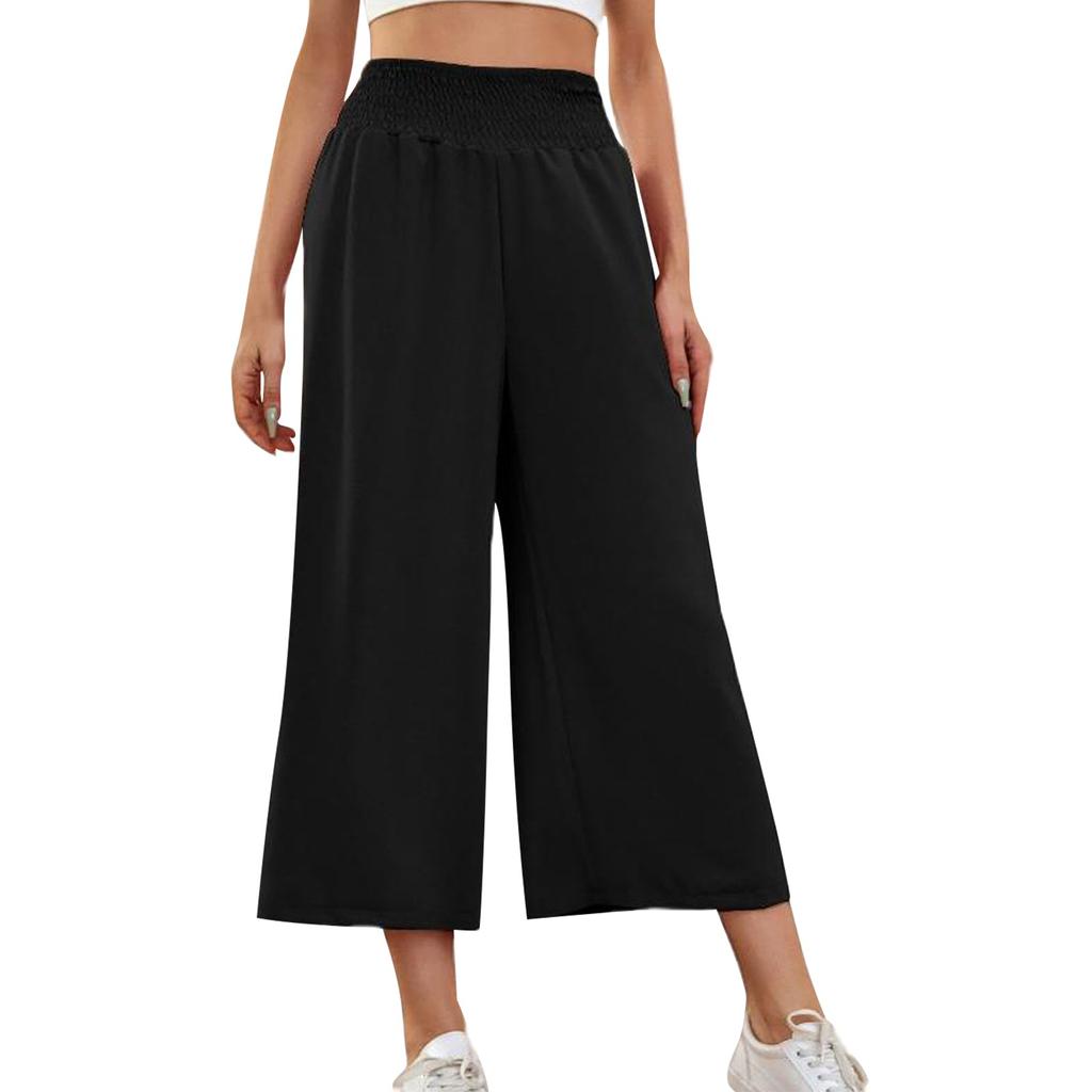 Women's Wide-leg, High-waisted Stretchy Solid Color Casual Loose Cropped Pants