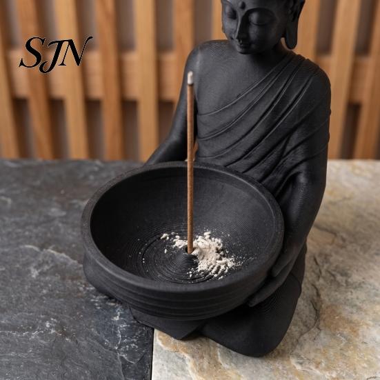 Meditation Incense Holder 3D Printed Buddha for Stick Incense, Zen Burner Tea Room Ornaments with Ash Catcher Bowl, Decor Entryway Living
