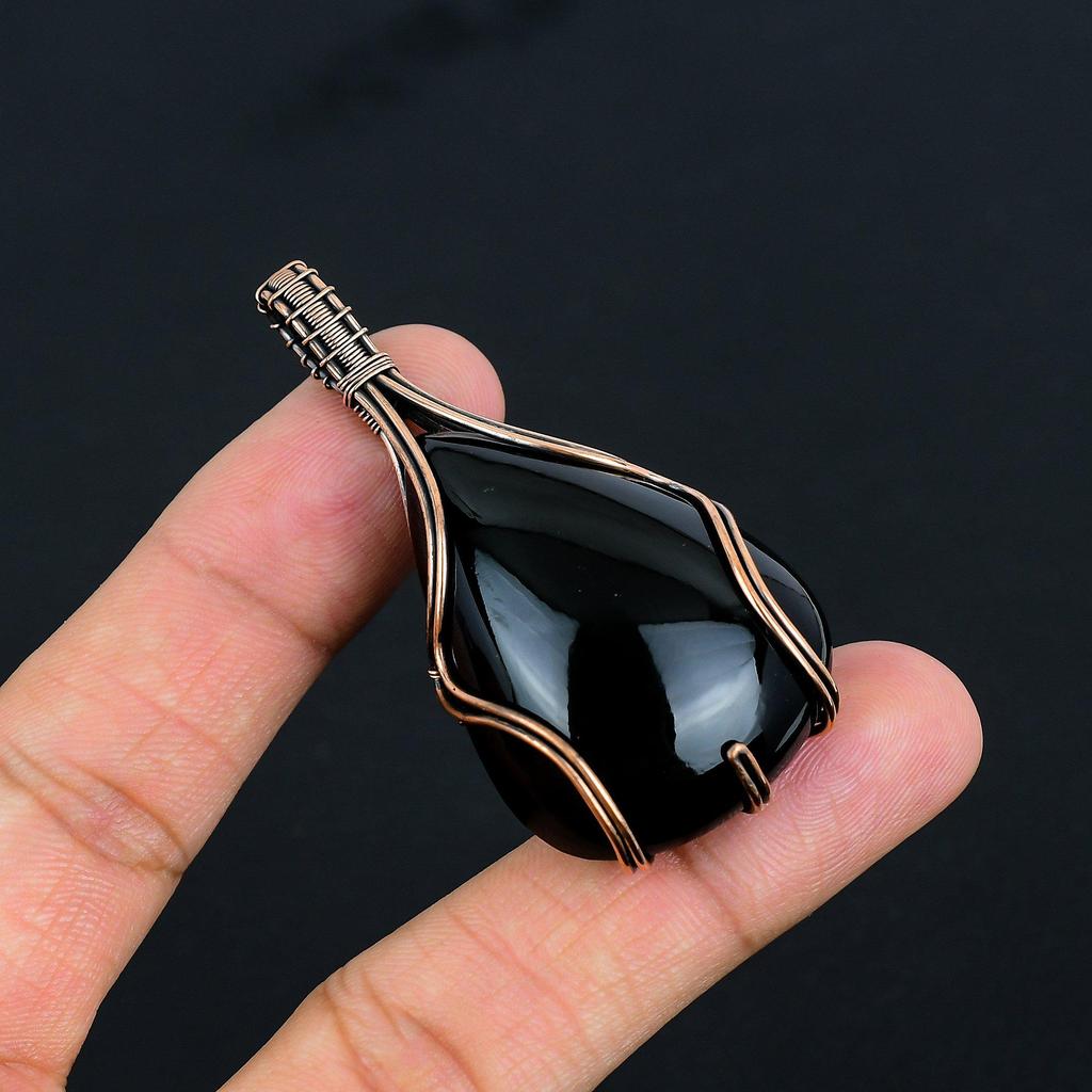 Кулон Глаз из черного обсидиана, Драгоценный камень, Ювелирные изделия ручной работы, Кулон, обернутый медной проволокой 999 пробы, Подарок для жены, Ювелирные изделия