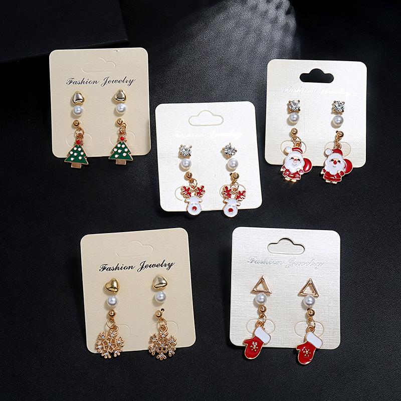 Christmas Drop Oil Small Stud Earrings Set, Santa Claus Snowflake Elk Pearl Zircon Combination 3-Piece Earrings.