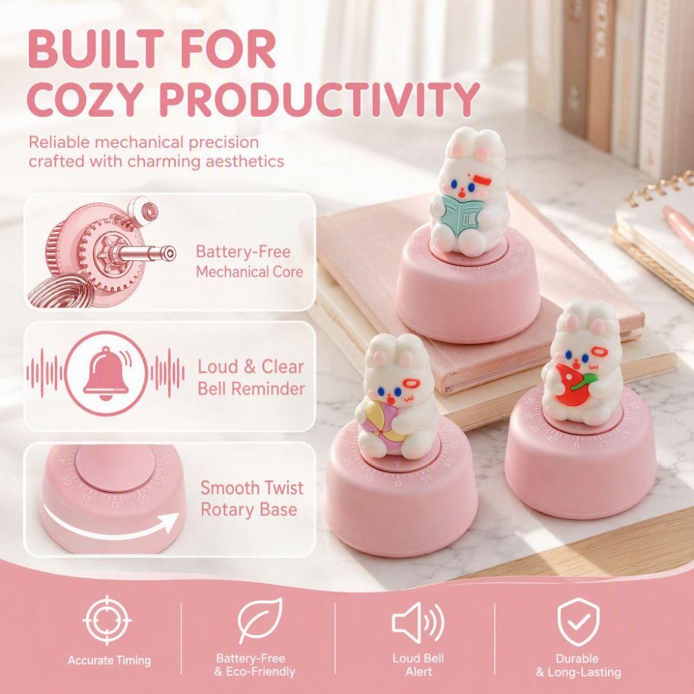 Cute Mechanical Kitchen Timer 60 Minute Countdown Timer Portable Rabbit Timer Reminder Tool