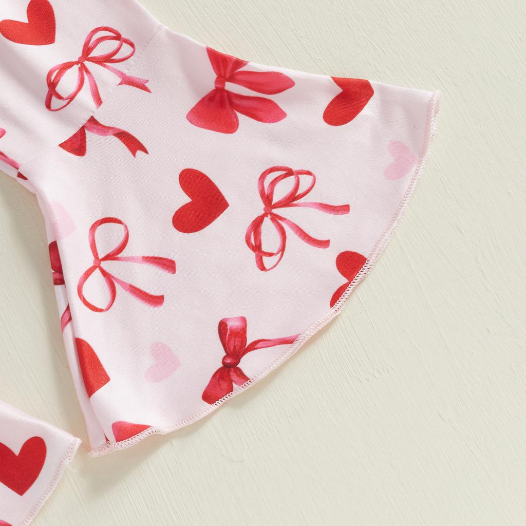 Toddler Girls Valentine's Day Sets Letter Embroidered Ruffled Long Sleeve Sweatshirt Heart Bow Flare Pants 2-Piece Outfits