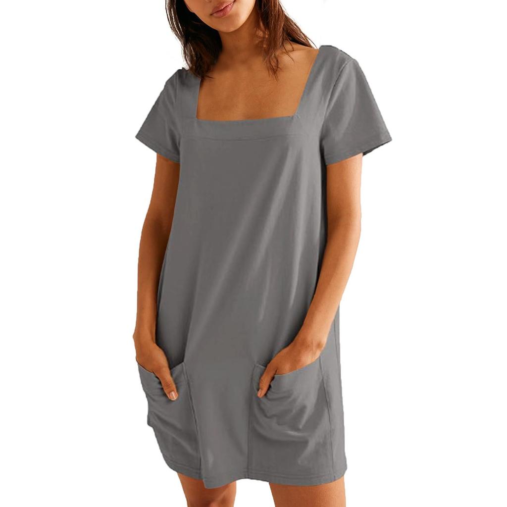 Женское однотонное повседневное платье с квадратным воротником и короткими рукавами, юбкой и карманом