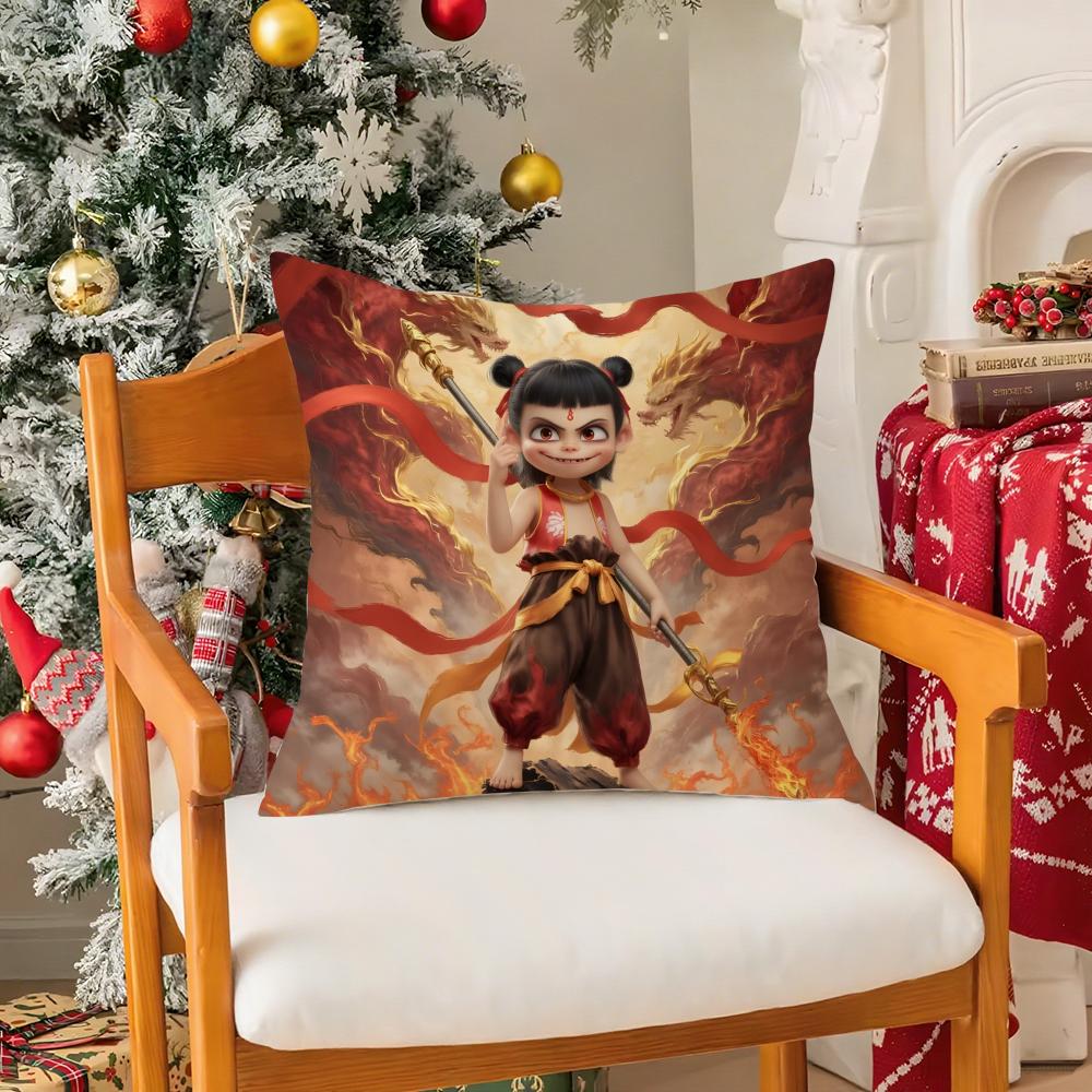 Chinesestyle Cartoon Art Film NNe Zha Pillow Case Silky Short Plush With Invisible Zipper Dustproof Sofa Cushion Cover