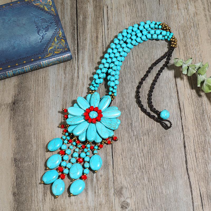 Ожерелье ручной работы в этническом стиле с бирюзовым цветком, женское средней длины, с темпераментом, персонализированная цепочка для свитера, кулон с бахромой и украшениями