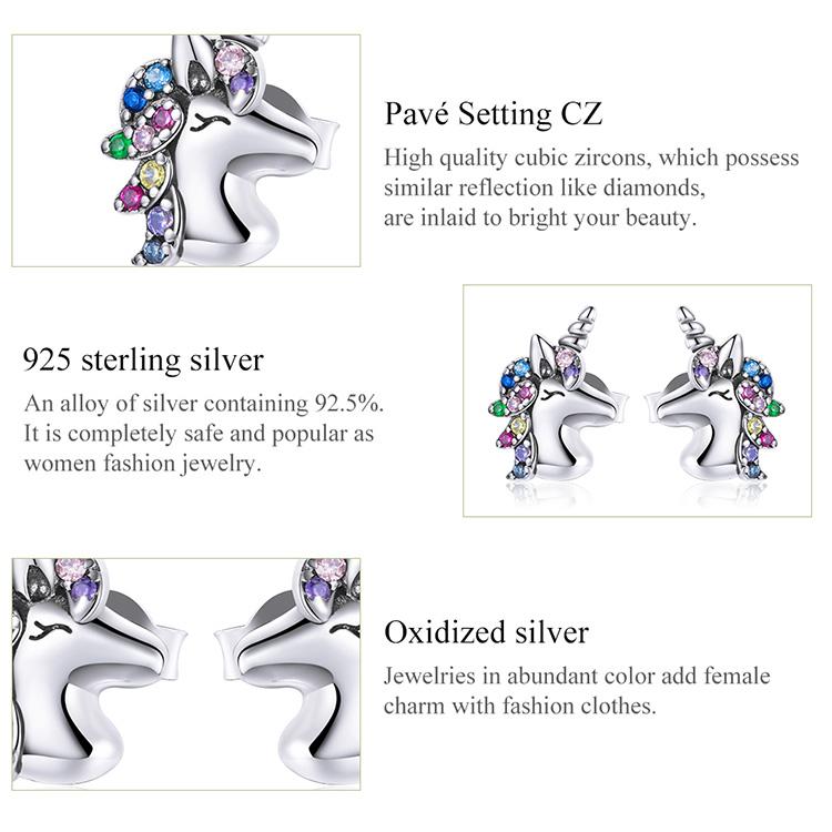 BAMOER стерлингового серебра 925 пробы острый рогатый конь Радуга красочный циркон милые пони серьги для женщин ювелирные изделия