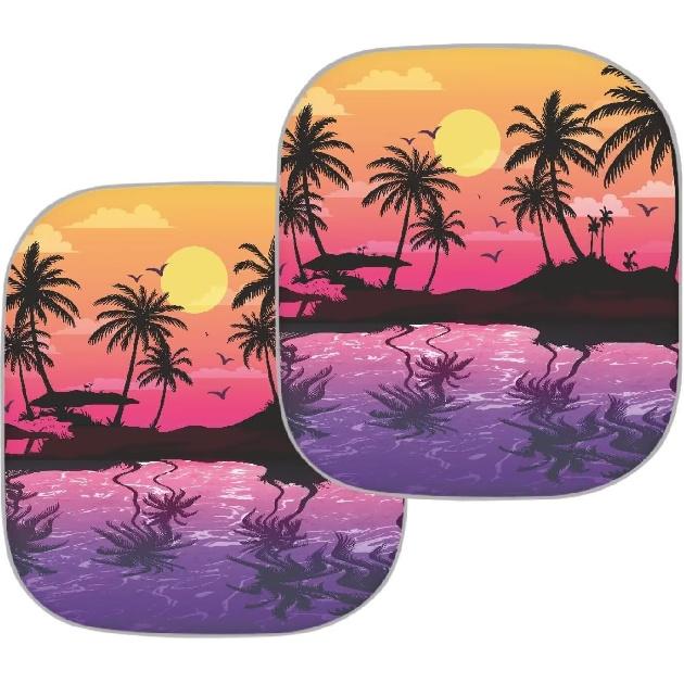 Coldinair Sunset Front Windshield Shade 2Pcs Sunshade For Car Windshield Folding Car Accessories For Truck SUV Sun Visor Protector, Tropical Palm