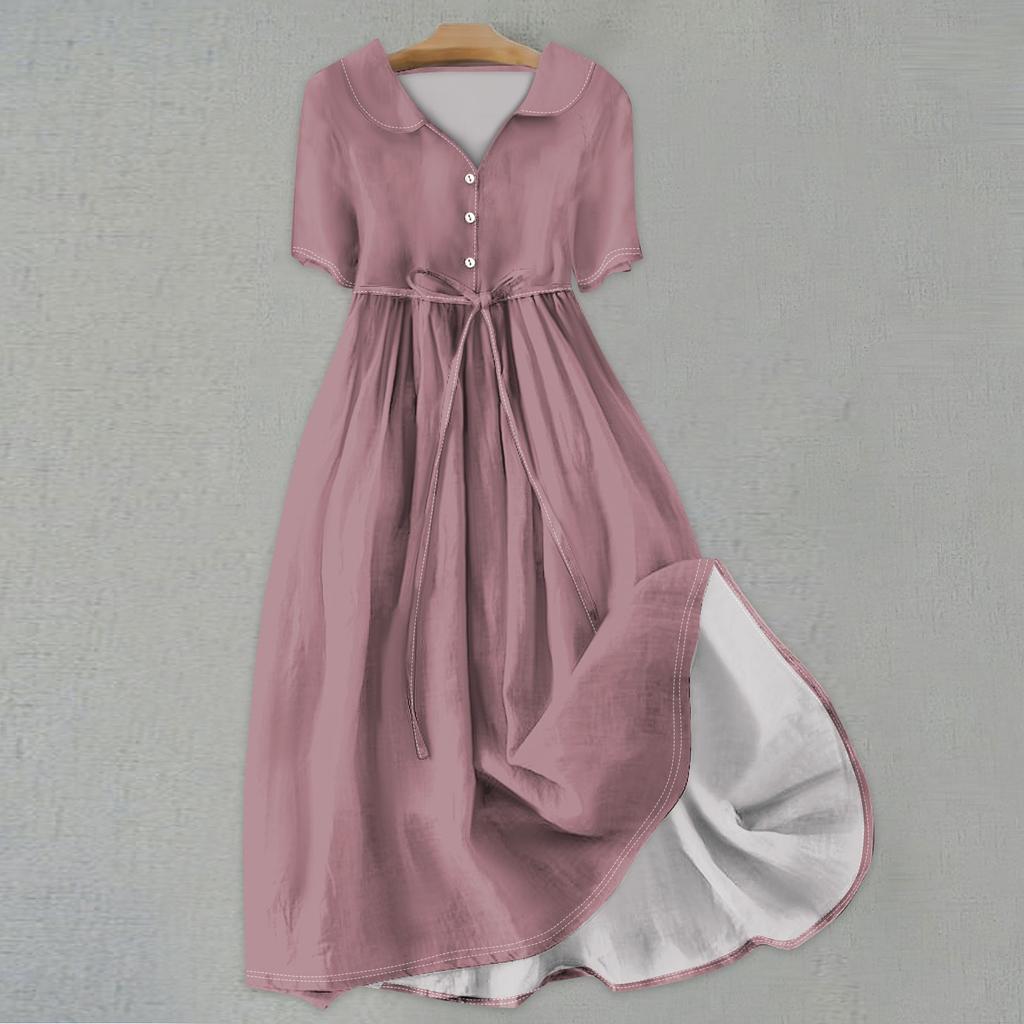 Женская мода сплошной цвет воротник с лацканами пуговицы с коротким рукавом одежда ремни платье