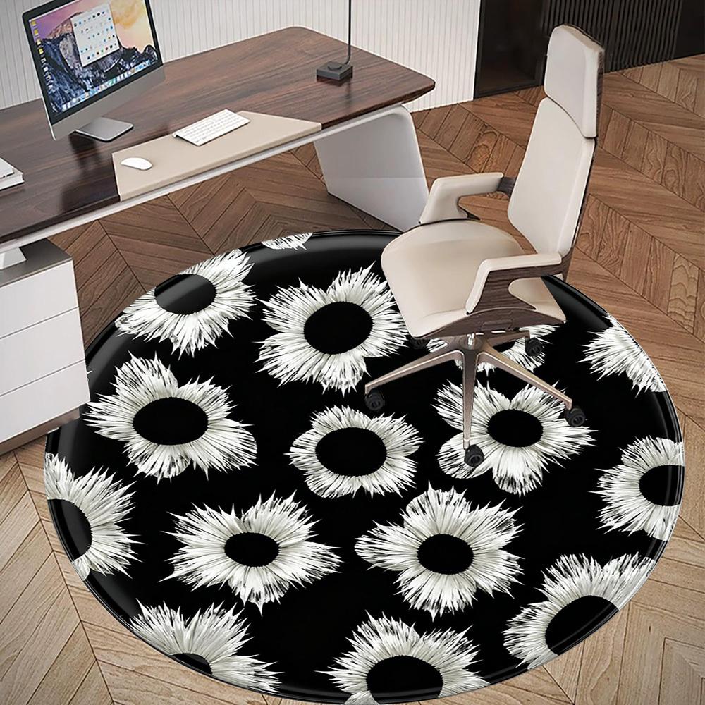 1 шт. Черно-белый цветочный узор Круглый коврик для стула Офисная ковровая дорожка - Нескользящий, Напольный коврик для офиса, спальни, Идеальный подарок для декора дома p0105048