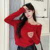 Spring and Autumn Women's New Three-dimensional Rose Shoulder Short Sweet Long-sleeved Sweater