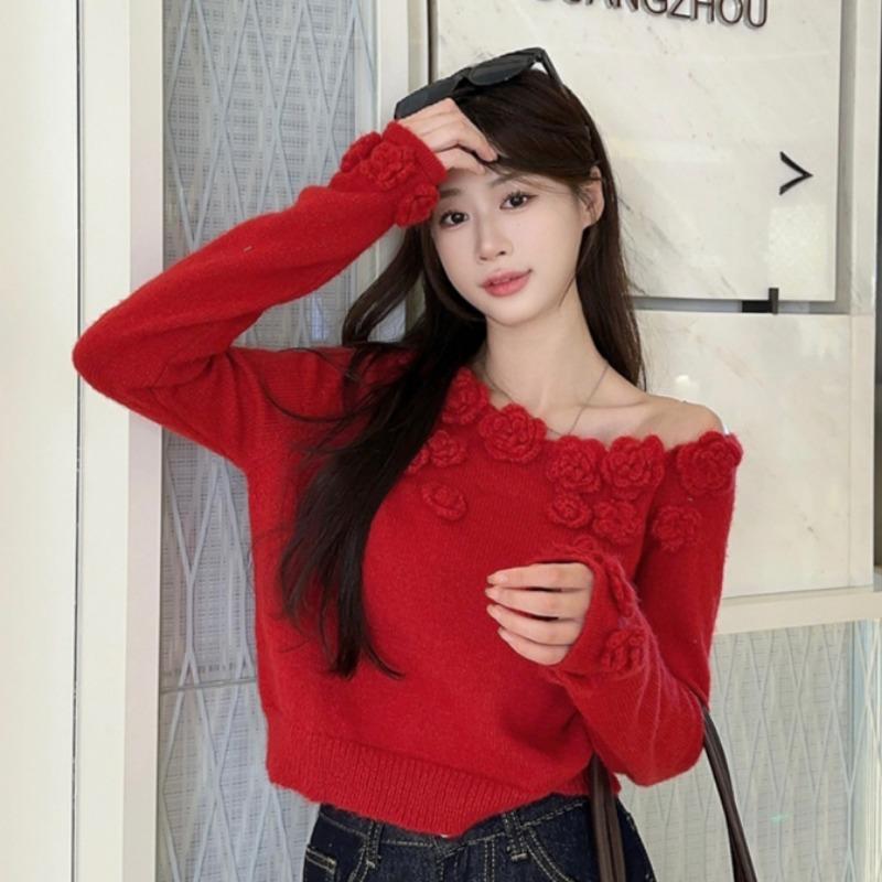 Spring and Autumn Women's New Three-dimensional Rose Shoulder Short Sweet Long-sleeved Sweater