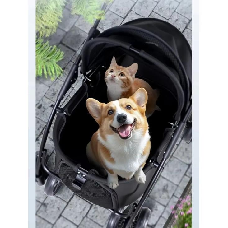 Foldable Pet Stroller for Small Medium Dogs Cats, 2 in 1 Detachable Lightweight 5.6kg Puppy Stroller with Brake Universal Wheels & Storage Basket,